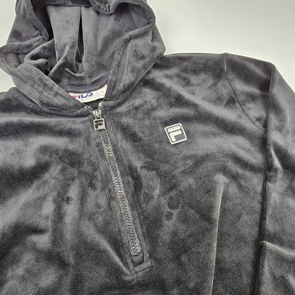 FILA Women's Medium Black Velour Hoodie 1/4 Zip Pullover Y2K Retro Style